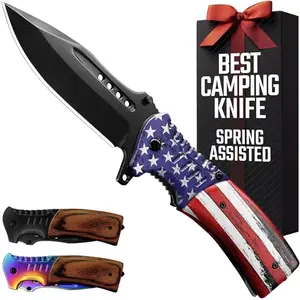 GRAND WAY spring assisted folding knife with American flag handle and glass breaker tip