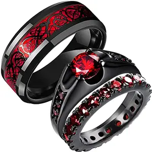 Meilord Celtic dragon couple ring with black and silver finish