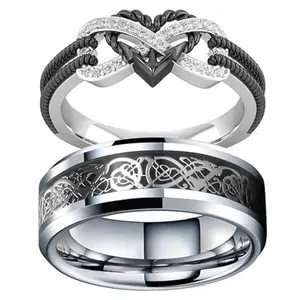 Meilord Infinite Love heart shaped couple rings black and silver