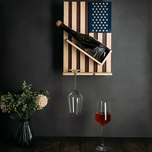 Wooden American flag wine rack with two hanging wine glasses