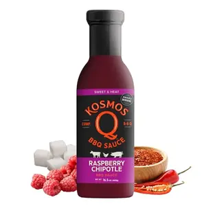 Kosmos Q Raspberry Chipotle BBQ Sauce bottle with raspberries and chipotle peppers on a smokey BBQ background