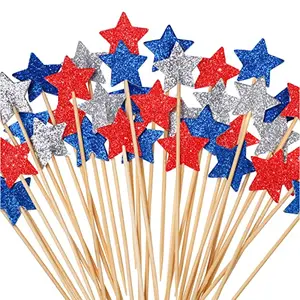 Geyee 120 red white and silver glitter star cupcake toppers neatly arranged in rows