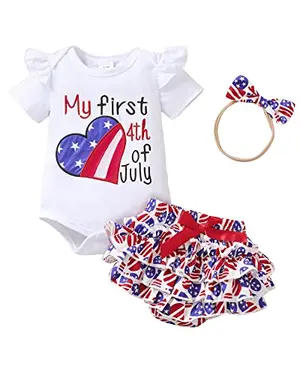 Baby girl in blue 4th of July romper and shorts set