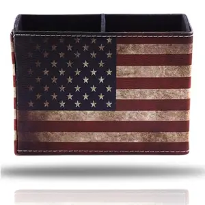 Rectangular distressed flag pen holder with two compartments