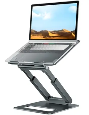 tounee LS07 metal laptop stand extended to full height, with laptop on top for standing desk use
