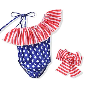Baby girl wearing HINTINA 4th of July one piece swimsuit with off-shoulder design and headband