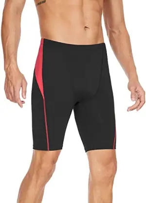 Fiteng Men's Swim Jammers in black and red, showcasing V-cut panel