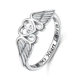 FLYOW sterling silver angel wing ring with 'A piece of my heart lives in heaven' inscription, memorial jewelry for widows