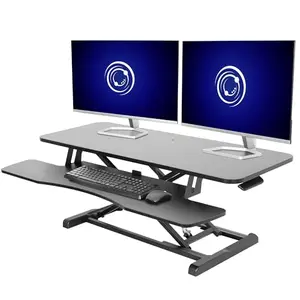 VIVO 42-inch desk converter with a wide keyboard tray and two monitors on top