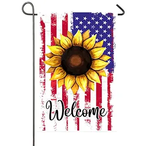 NISEVAN 'Welcome' sunflower garden flag with an American flag design and large sunflower, displayed in a flower bed