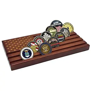 Compact solid wood coin display stand with American flag design and six rows