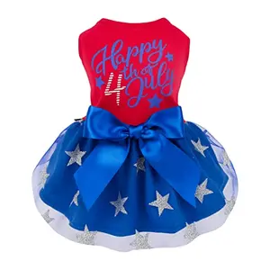 Cute small dog wearing Fitwarm red, white and blue tulle dress with silver star appliques for 4th of July