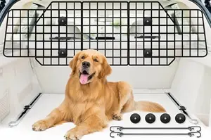 FEED GARDEN triple-folding dog car barrier installed behind SUV rear seats, showing adjustable width