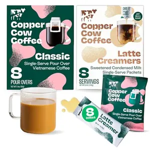 Copper Cow Vietnamese Coffee Pour Over packets with sweetened condensed milk creamers