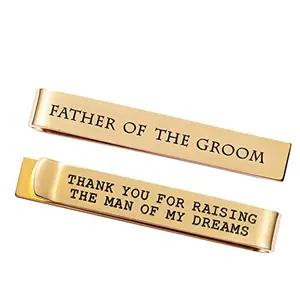 Gold plated father of the groom tie clip with engraved text