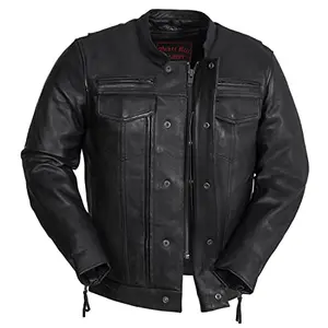 Heavy black leather motorcycle jacket with banded scooter collar and multiple vents