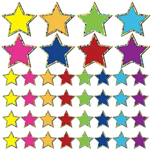 Colorful star-shaped whiteboard magnets arranged on a board