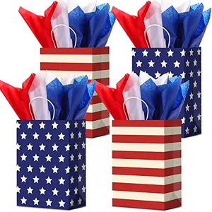16 retro-style patriotic gift bags with tissue paper in red, white, blue