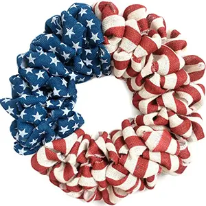 EGOLOT 20-inch handcrafted burlap patriotic wreath with printed stripes and stars on a front door