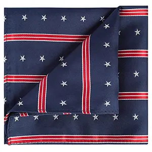 KissTies blue silk pocket square with white stars unfolded on a navy suit jacket