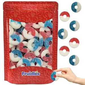 Colorful gummy rings in red, white, and blue