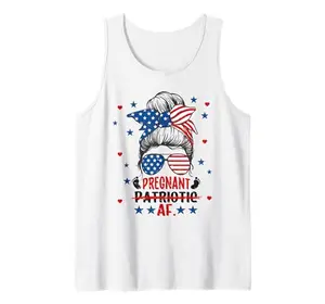 Women's tank top with 'Patriotic Pregnant AF' and messy bun design for 4th of July