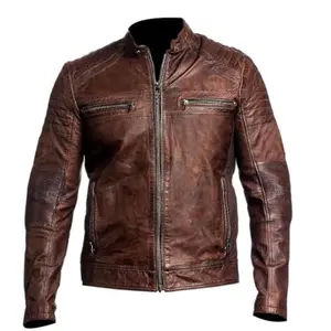 Distressed brown lambskin leather jacket with vintage biker styling