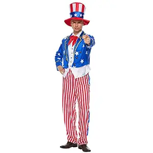 Man wearing EraSpooky Deluxe Uncle Sam costume with star jacket and striped pants