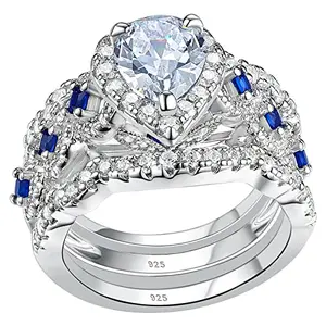 Newshe Jewellery blue sapphire pear cubic zirconia wedding ring set