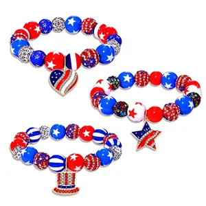 Three stretch bracelets featuring red, white and blue enamel charms: heart, star, and hat designs