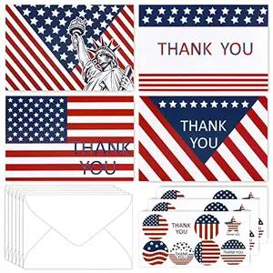 Set of 32 patriotic thank you cards with four Statue of Liberty and flag designs, white envelopes, and sticker seals.