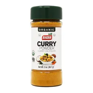 Badia Organic Curry Powder 2 oz bottle on a spice rack