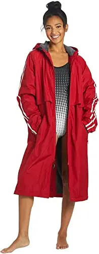 Sporti red and charcoal striped swim parka with fleece lining