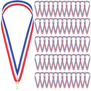 Stack of 100 red, white and blue striped medal ribbons with metal snap clips