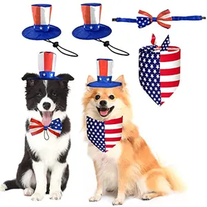 Cat and dog wearing patriotic hat and bandana set on Thanksgiving family dinner table