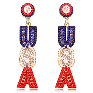 Hand-beaded red, white, and blue USA-shaped dangle earrings with seed beads and post backs