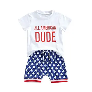 Baby boy in patriotic red white blue stripe shorts and All-American Dude t-shirt