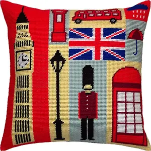 Brvsk London Souvenirs needlepoint kit with printed cotton canvas, yarn, and needles