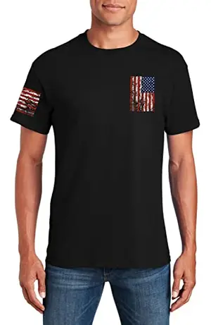 Shop4Ever vertical American flag pocket t-shirt with flag sleeve print, black