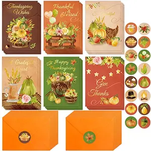 WorldBazaar 24PCS Thanksgiving Greeting Cards with Envelopes Gold Foil Fall Harvest Thanks Cards
