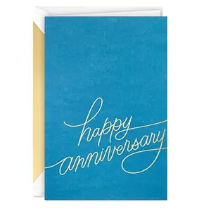 Hallmark Signature anniversary card with gold foil 'Happy anniversary' on blue background