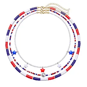 A layered beaded choker in red, white, and blue with a pearl centerpiece and star pendant, perfect for Independence Day festivities.