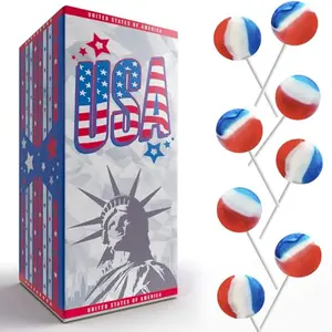 Red white and blue patriotic cherry lollipops in USA flag gift box