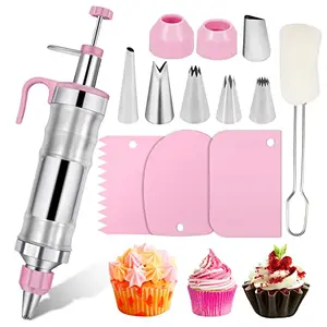 Dualshine pink cake decorating kit with 6 Russian piping nozzles and scrapers