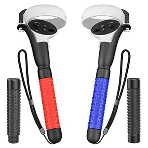 VR controller handles attached to Quest 2 controllers for golf and sword games