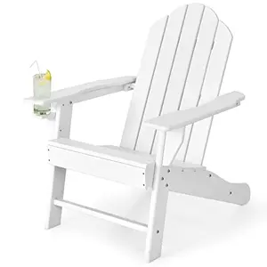 White Adirondack chair with cup holder on a sunny patio