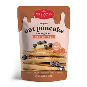Miss Jones Oat Pancake Mix box with oat-topped pancakes