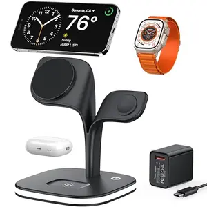 EXW 3-in-1 wireless charging station on desk with iPhone, Apple Watch, and AirPods charging simultaneously