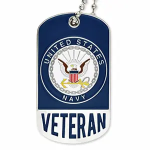 Blue and silver oval dog tag with Navy veteran emblem and engraving on back