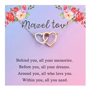 Silver-tone message card pendant with love heart and 'Mazel Tov' engraving on a chain